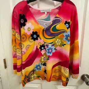 Nicole Alexander V-neck Sweater Colorful Abstract Floral Appliqué Beaded size L